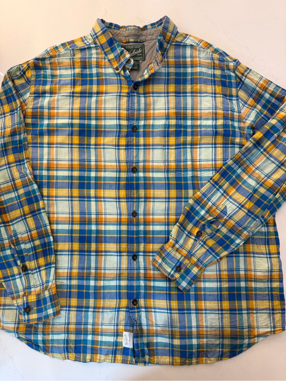 Woolrich Men’s XXL Organic Cotton Plaid Button Down Shirt Blue Yellow